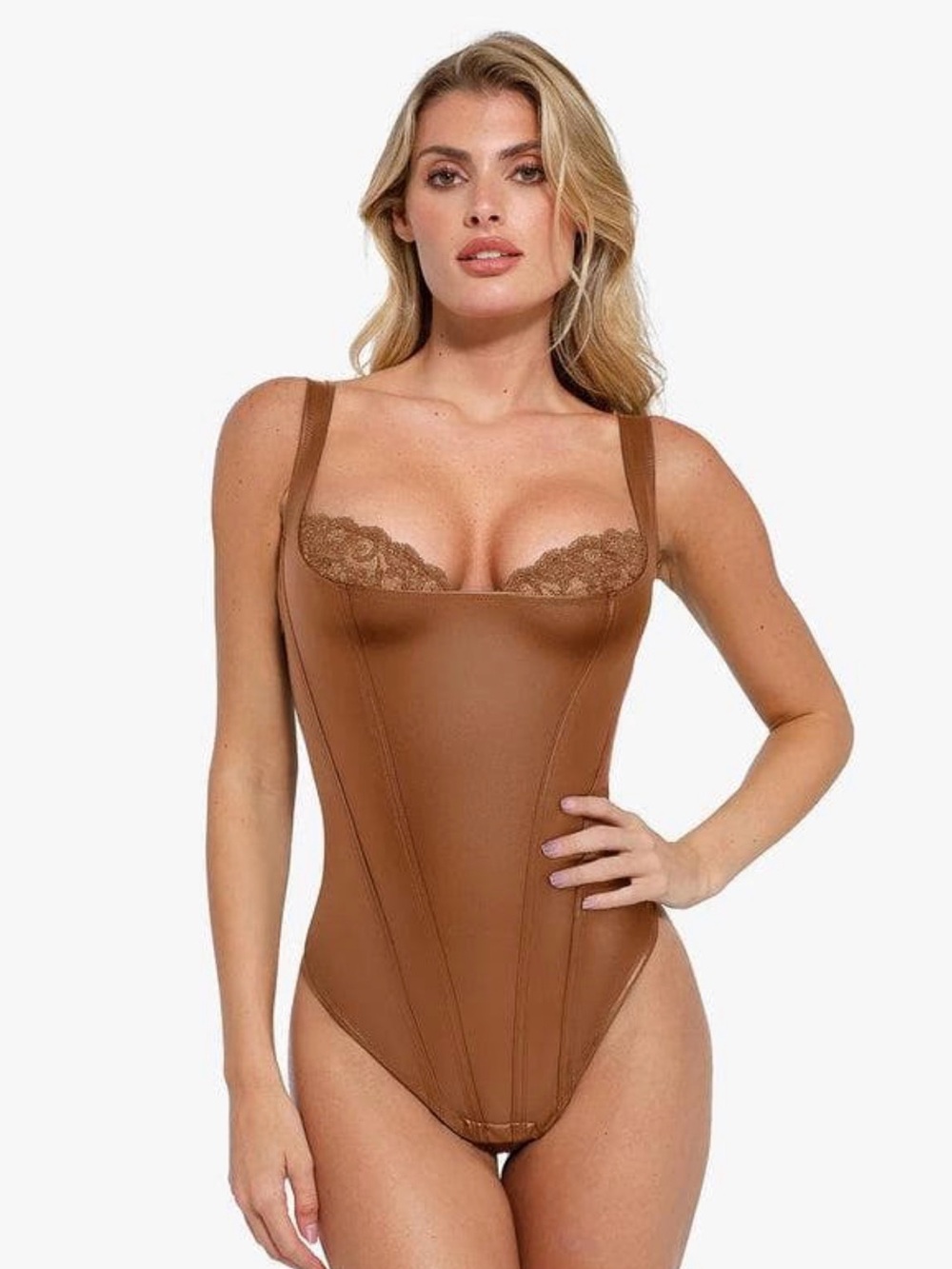 NWOT Popilush Brown Faux-Leather Bodysuit - Picture 5 of 7